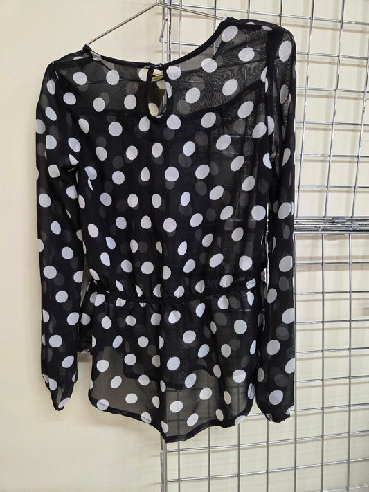 D-Signed L/S Sheer Black White Polka Dot Top sz 6