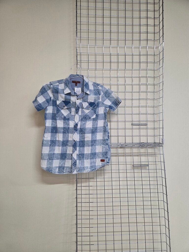 Boy's Blue & White Checkered Short Sleeve Button Up