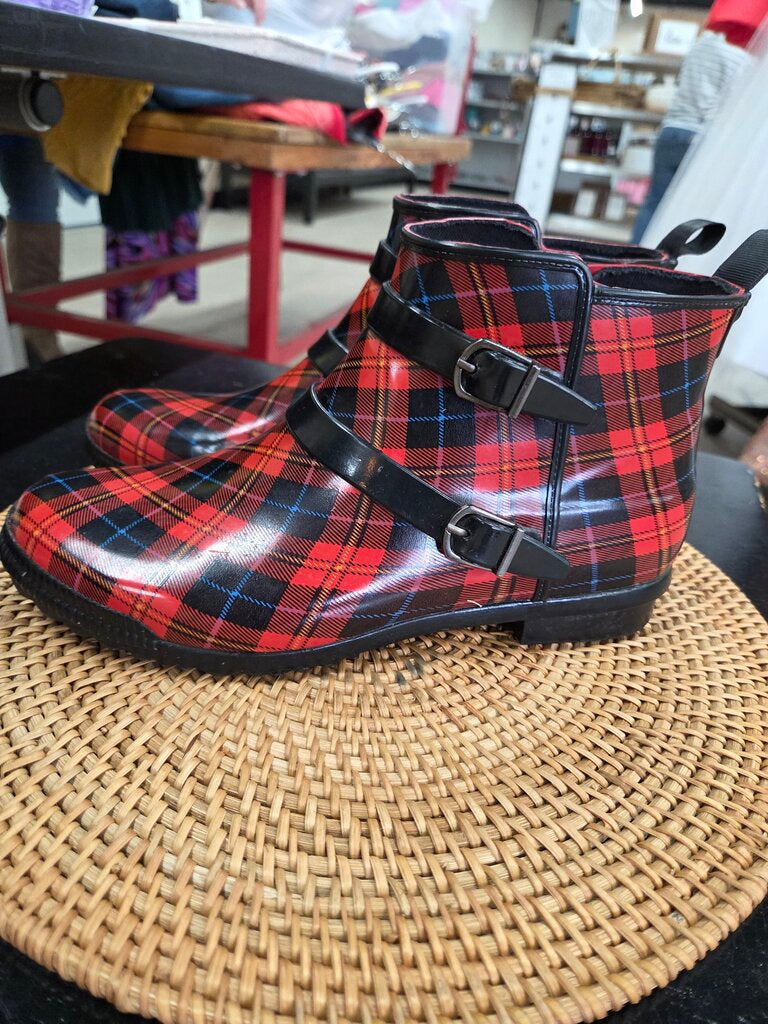 Cougar Red Plaid Rubber Rain Boots sz 9