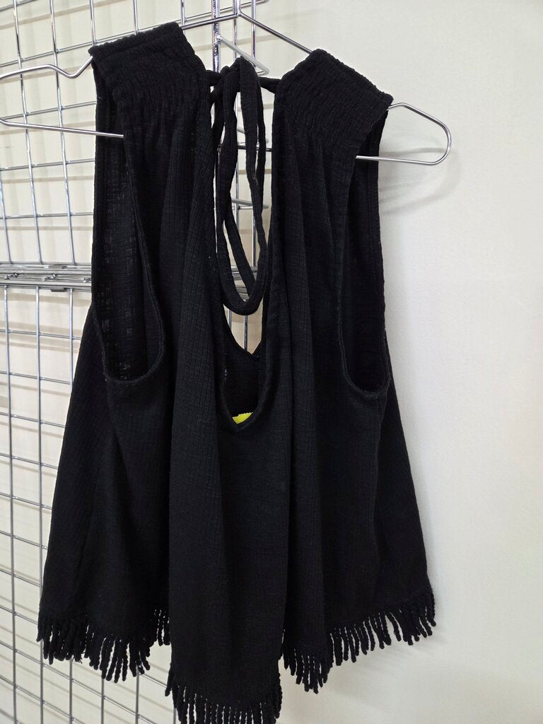 Black Fringe Crop Halter Top sz M