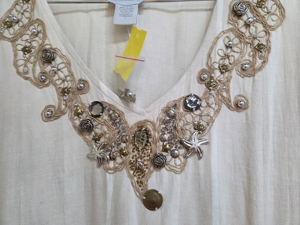 Cream knit metallic embroidery and beadwork dress sz L