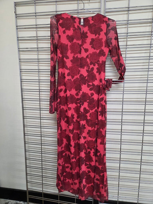 Red floral mesh long sleeve dress sz S