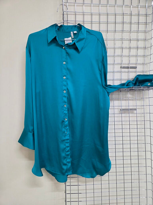 Turquoise Silk Button Up Long Blouse