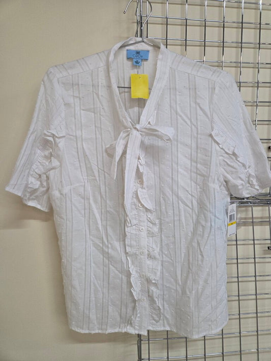 CeCe S/S Flockd Button Ruffle Shirt