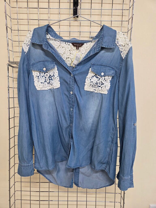 Multiples Button Up Lace Detailed Denim blouse sz L