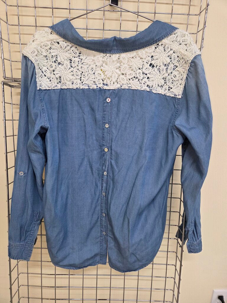 Multiples Button Up Lace Detailed Denim blouse sz L