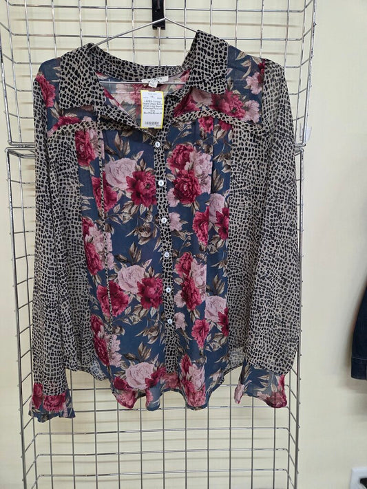 Umgee Button Down Long Sleeve Patterned Floral and Dots sz M