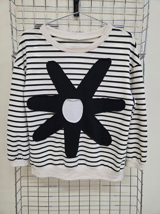 Striped Pullover with Flower Design waffle knit sz S
