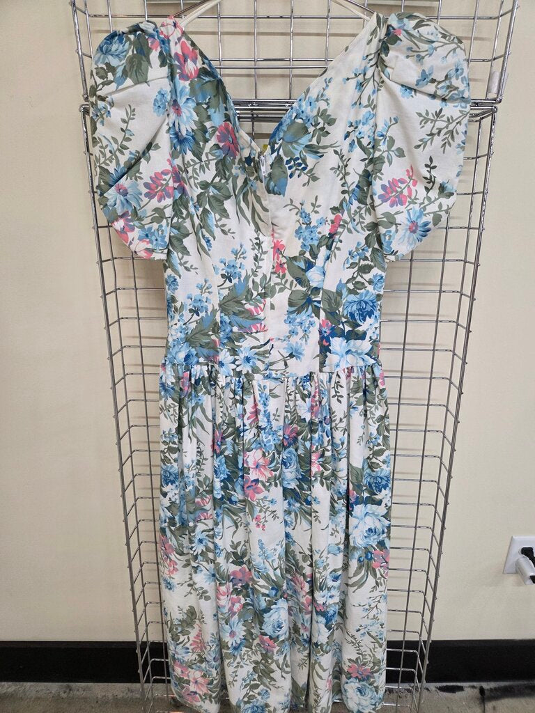 Vintage Floral Sweetheart Neckline Puff Sleeve Drop Waist Fitted Bodice sz 7/8