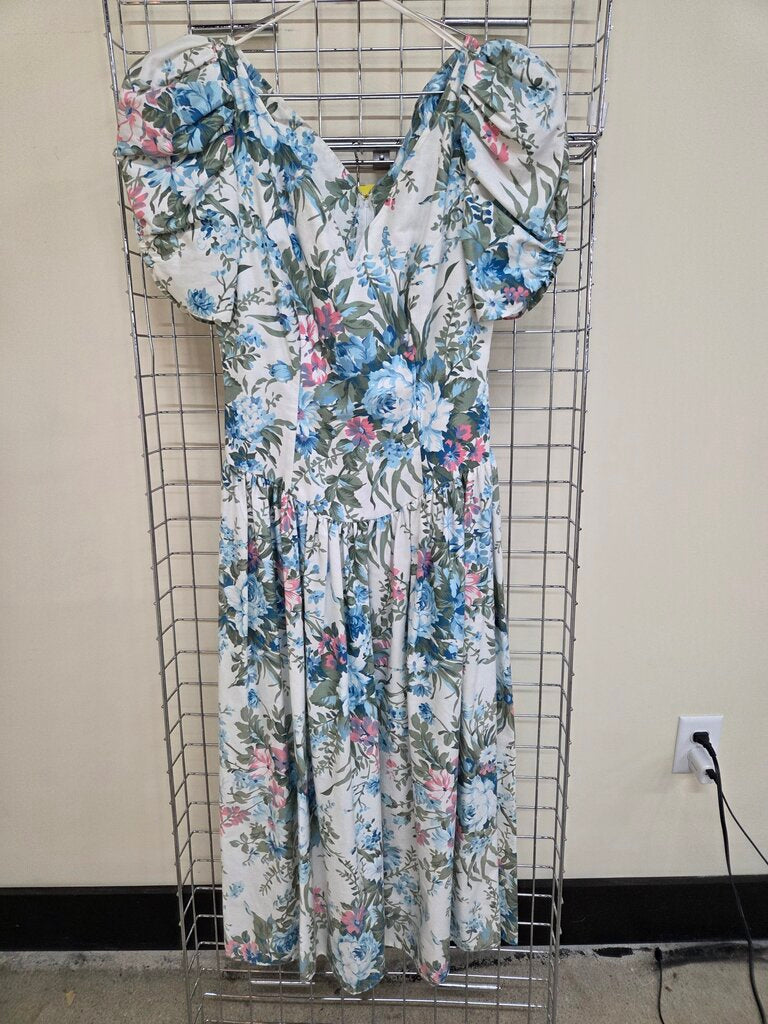 Vintage Floral Sweetheart Neckline Puff Sleeve Drop Waist Fitted Bodice sz 7/8