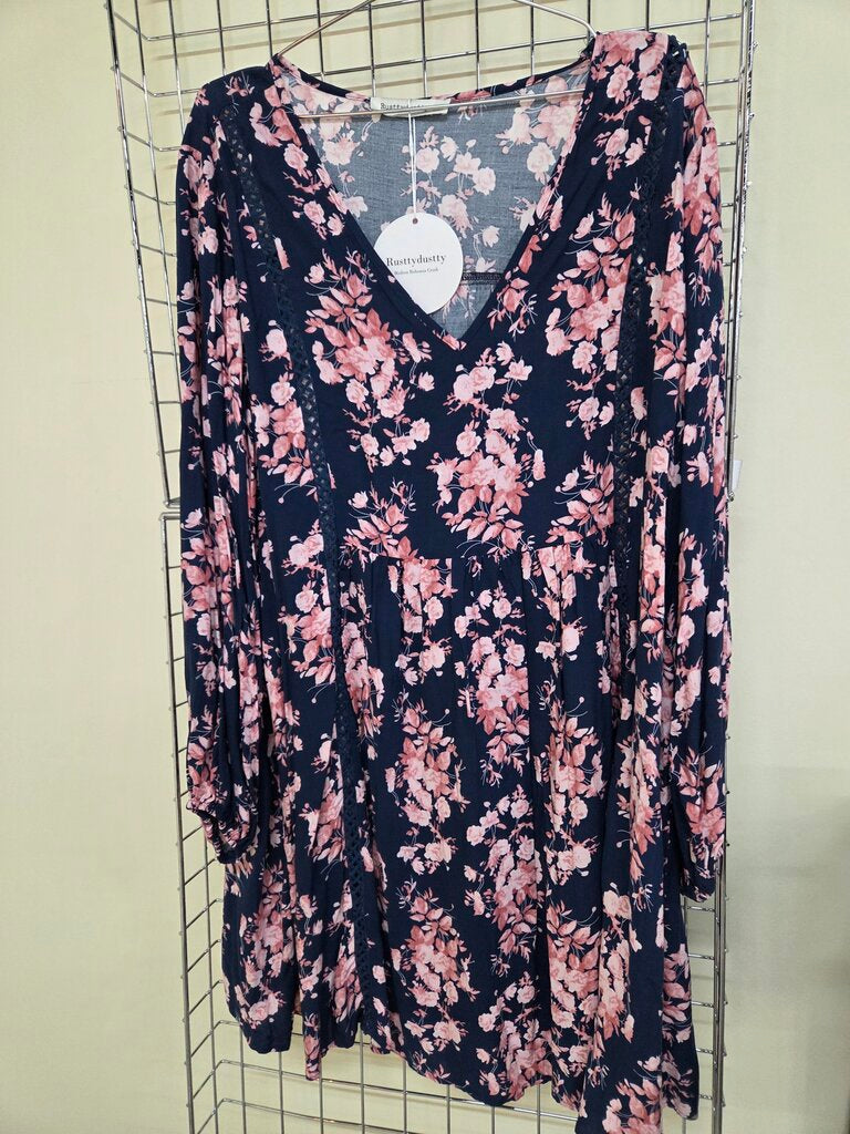 RustyDusty Navy & Pink Floral Boho Dress 2XL