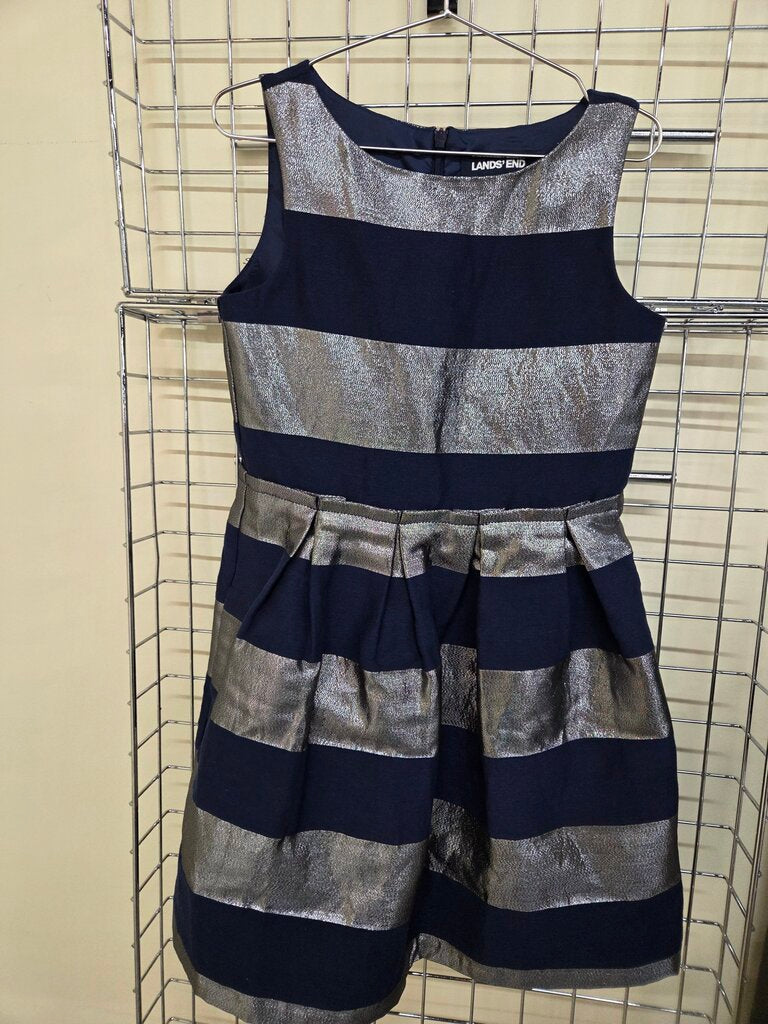 Girls Lands' End Navy & Silver Striped Dress sz 8