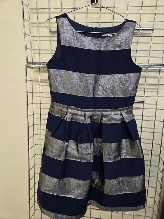 Girls Lands' End Navy & Silver Striped Dress sz 8