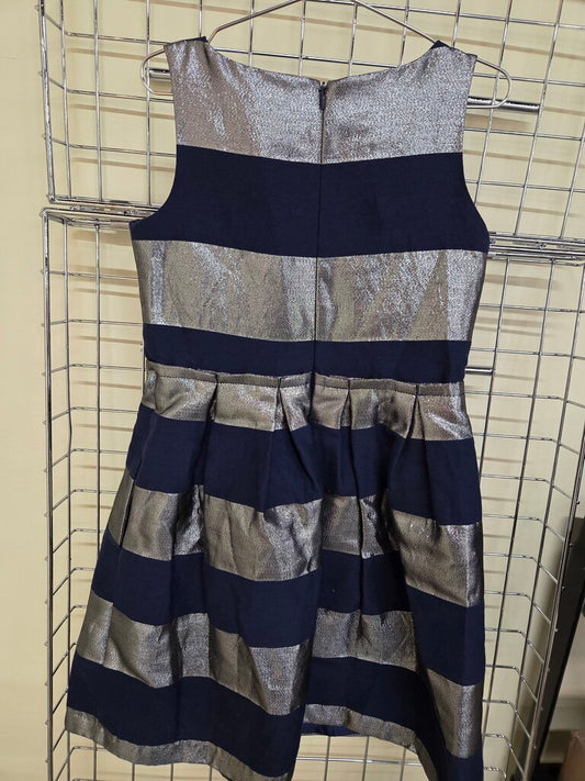 Girls Lands' End Navy & Silver Striped Dress sz 8