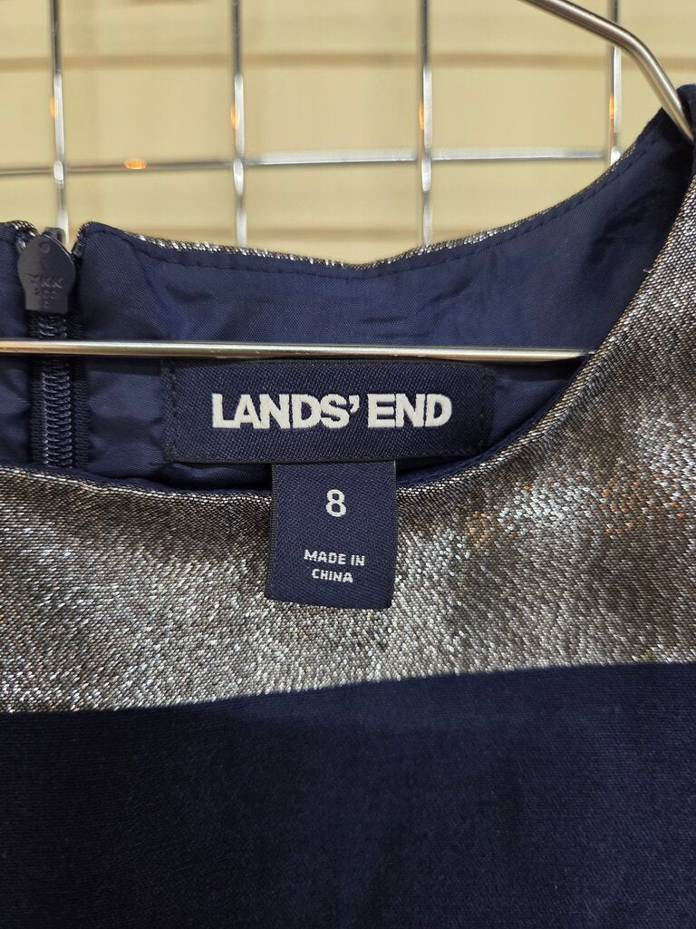 Girls Lands' End Navy & Silver Striped Dress sz 8