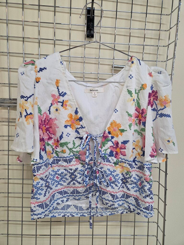'Lalavon' S/S Fashion Wrap Print Top w/Ties Sz S