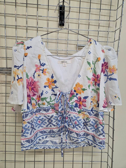 'Lalavon' S/S Fashion Wrap Print Top w/Ties Sz S