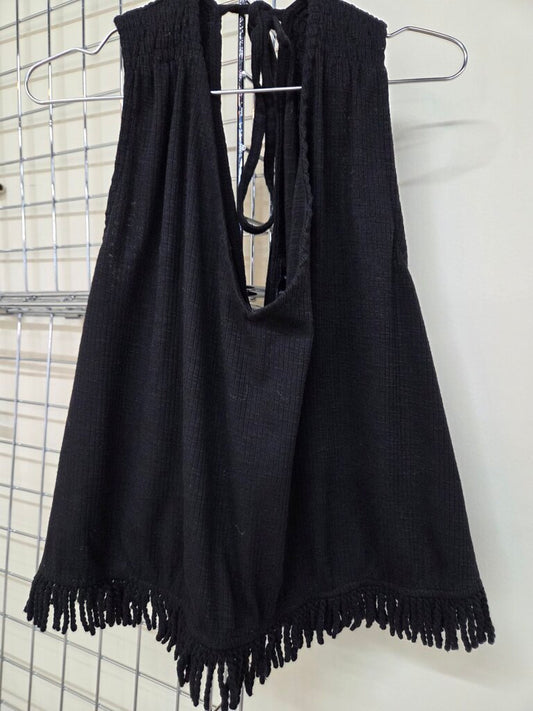 Black Fringe Crop Halter Top sz M