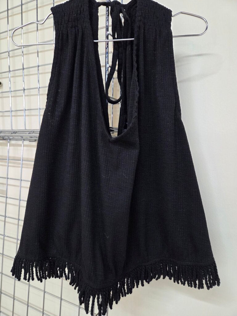 2 Piece Black Fringe Crop Halter Topw/Matching Fringed Crop Pants