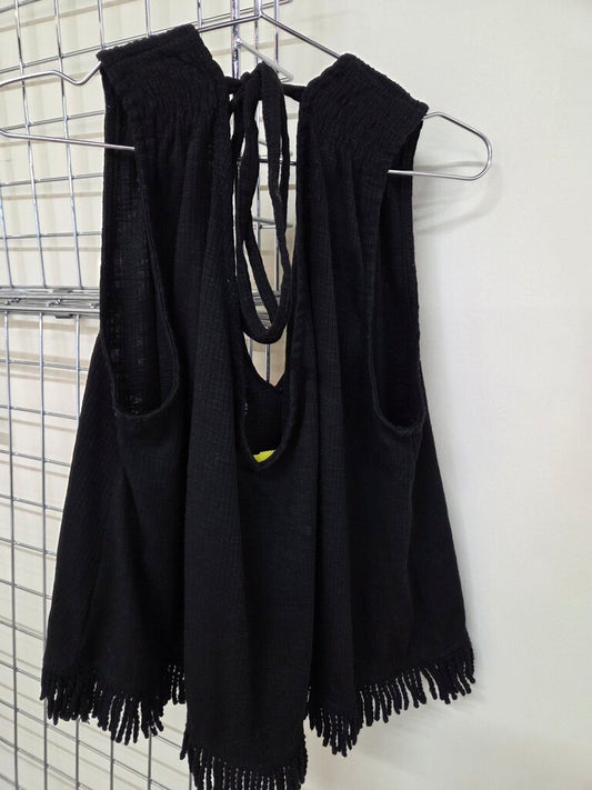 Black Fringe Crop Halter Top sz M