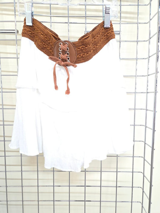 Girls White Rayon Skirt w/ Brown Waistband L14