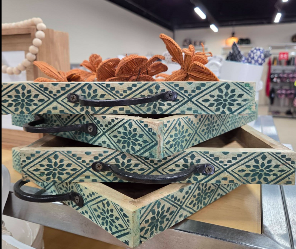 Green double handle wood tray
