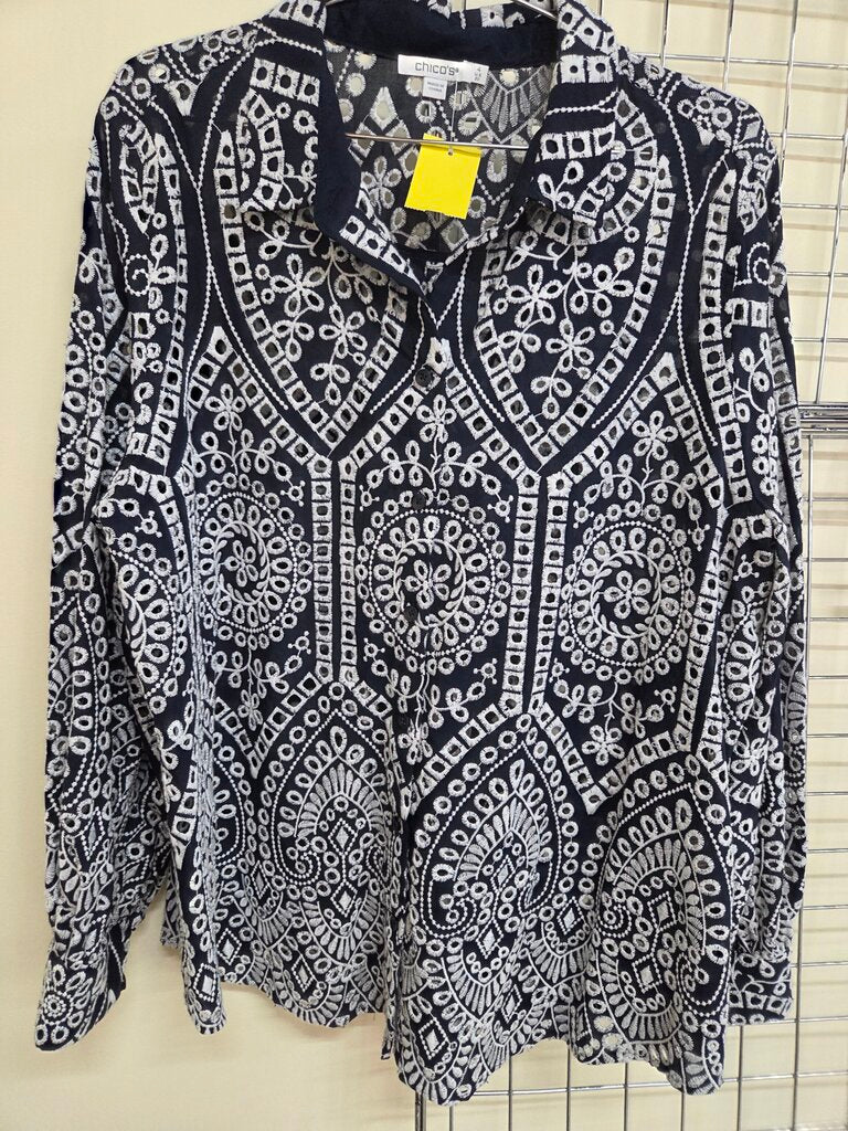 Women's Chico Navy Blue embroidered eyelet button down shirt sz 20