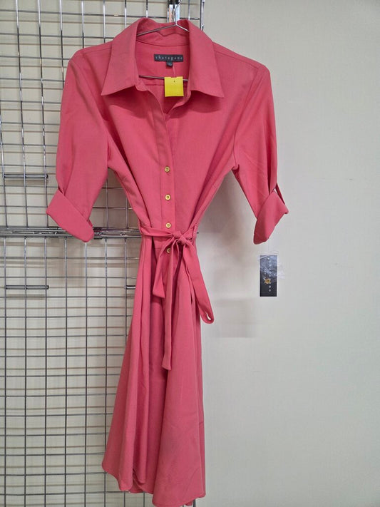 NWT Ladies Sharagano Button Up and Belted Peach Dress