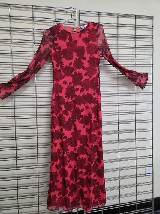 Red floral mesh long sleeve dress sz S