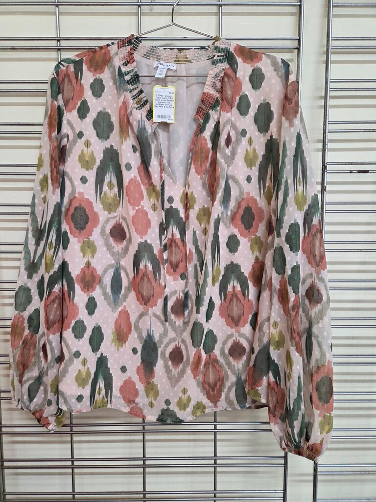 Tribal Jeans Lined Fashion Summer Top w/Sheer Sleeves Key Hole & Tie Neck sz 2XL