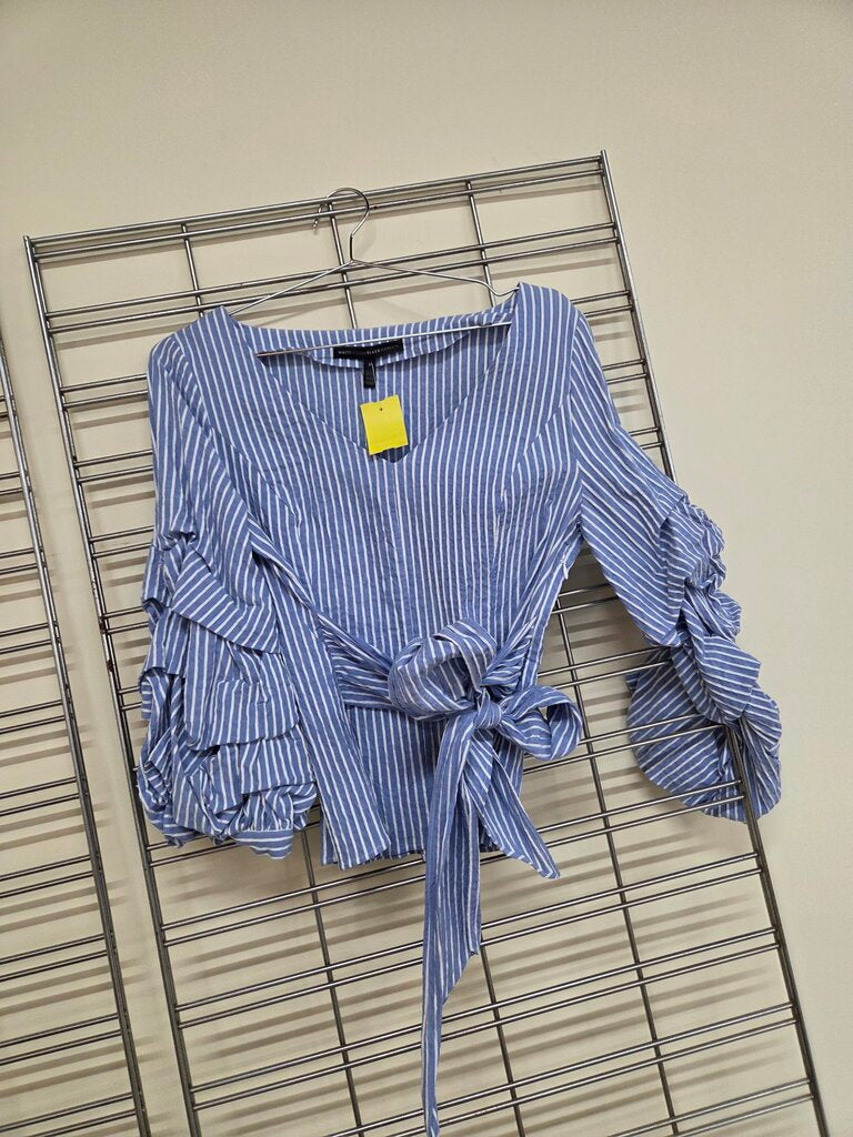 White House Black Market Blue White Striped Ruffle L/S SleeveBlouse