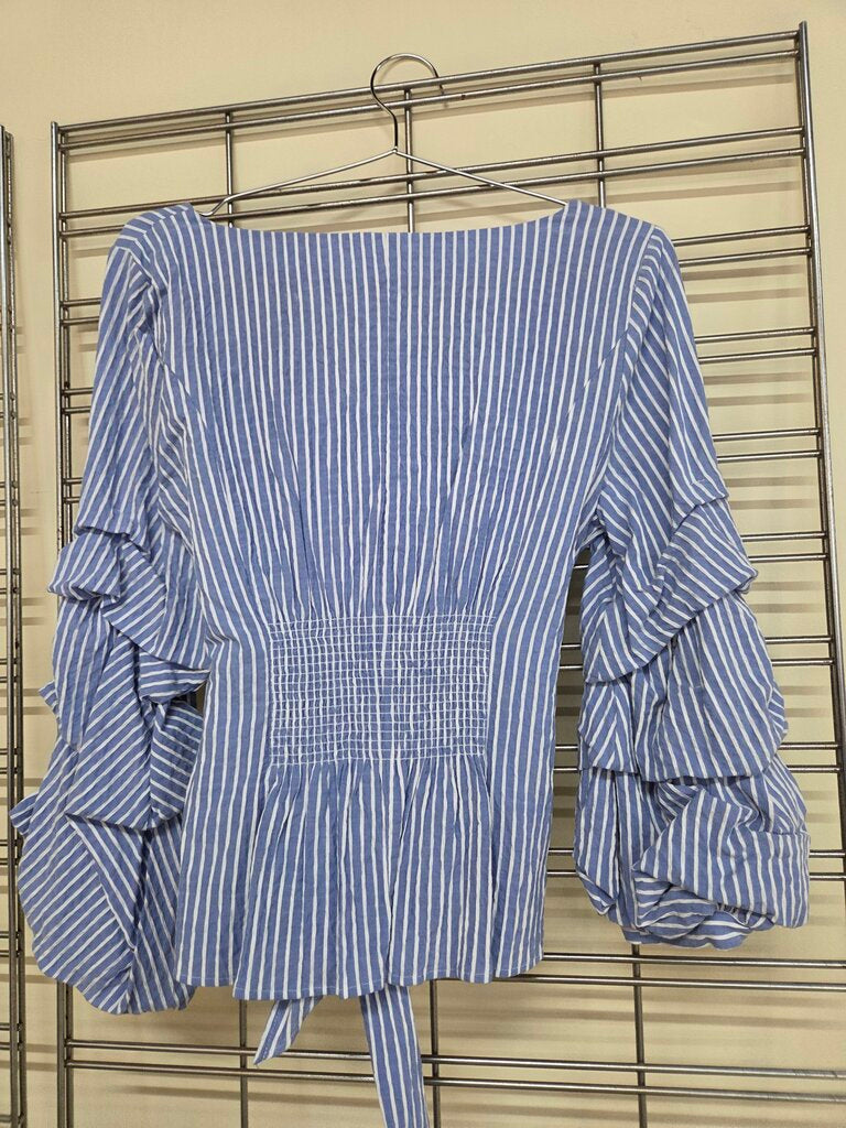 White House Black Market Blue White Striped Ruffle L/S SleeveBlouse