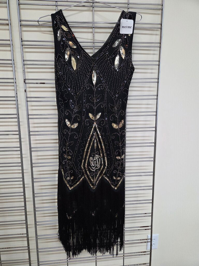 MetME Flapper Dress Black Fringe, Blk/Gold Seqen Art Deco Pattern