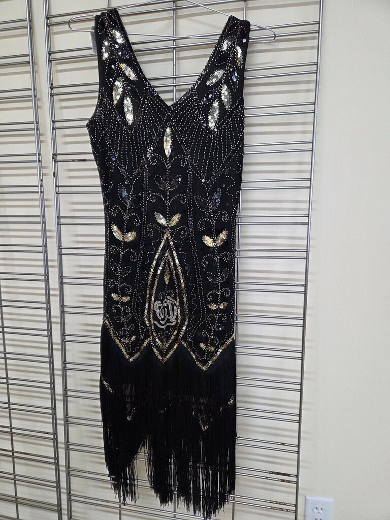 MetME Flapper Dress Black Fringe, Blk/Gold Seqen Art Deco Pattern