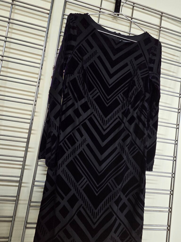 Vince Camuto Dark Purple and Black Velvet Sheath Dress w/ Chevron or Diagonal Crosshatch Pattern