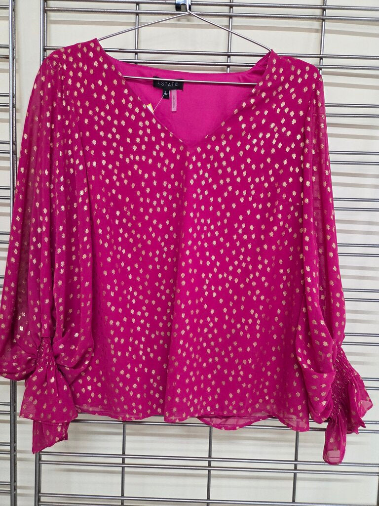 1.State NWT Hot Pink and Shimmering Gold Spots L/S Dramatic Balloon Sleeves and Smocked Elastic Cuffs