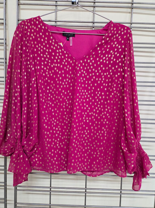 1.State NWT Hot Pink and Shimmering Gold Spots L/S Dramatic Balloon Sleeves and Smocked Elastic Cuffs sz M