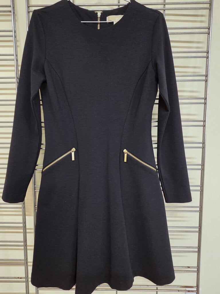 Michael Kors L/S Black Sheath Dress w/Gold Back and Pocket Zippers