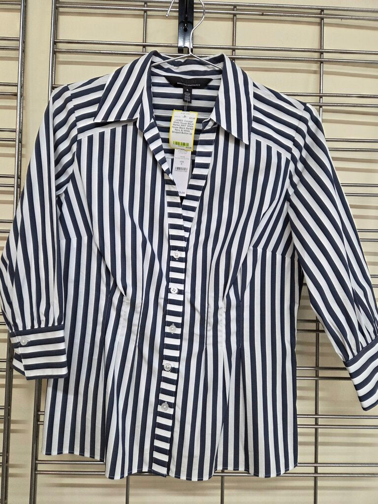 NWT White House Black Market Navy & White Striped Button Up 3/4 Sleeve Fitted Shirt