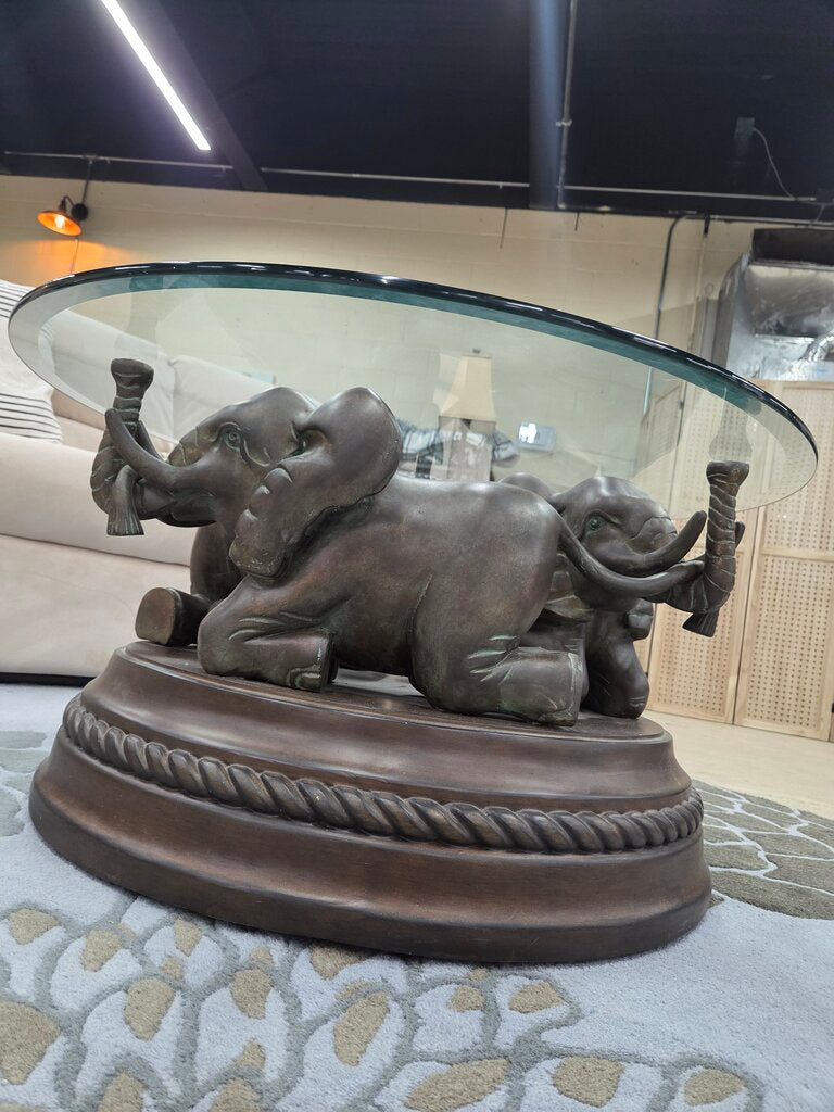 Glass Top Coffee Table w/3 Elephants and wood base