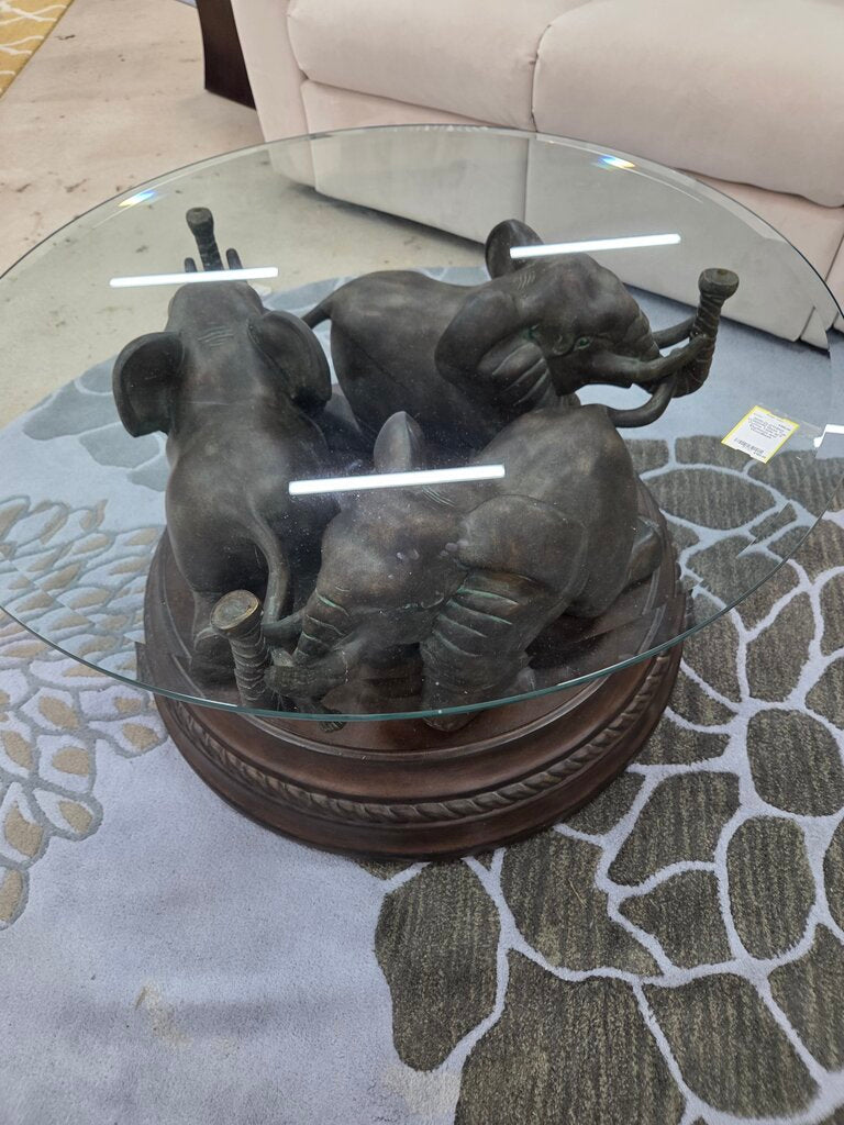 Glass Top Coffee Table w/3 Elephants and wood base
