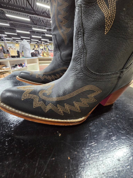 Southern Fried Chics Black Knight Wide Calf Leather Tall Cowboy Boots Size 10 - fits like 9