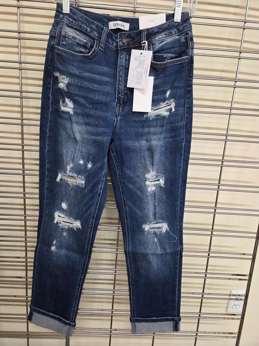 Zenana Dark Blue Cuffed and Distressed Denim Jeans 27/33