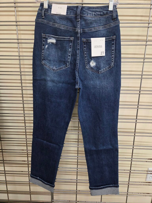 Zenana Dark Blue Cuffed and Distressed Denim Jeans 27/33