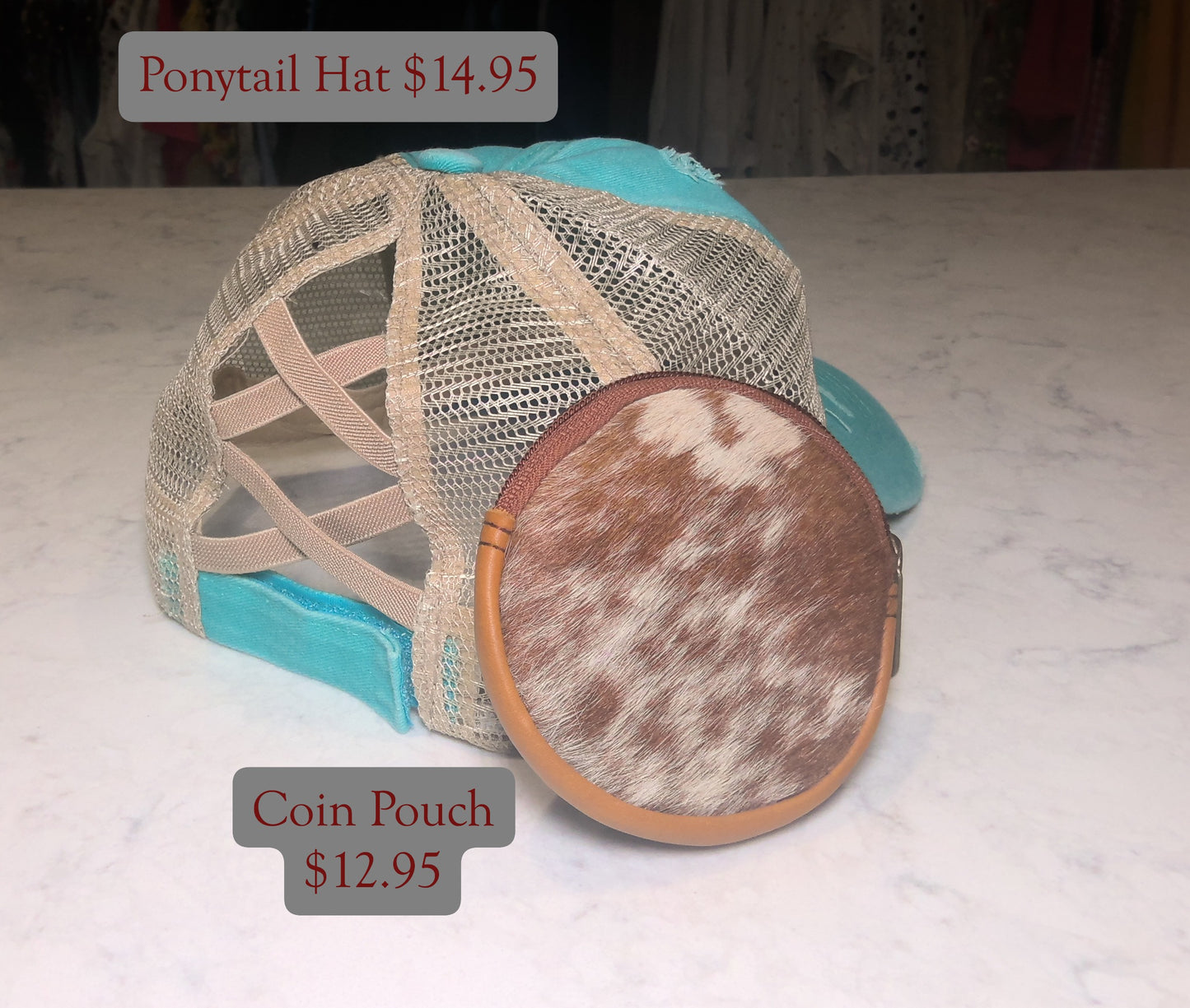Ponytail Hat (teal) or Cowhide Coin Purse